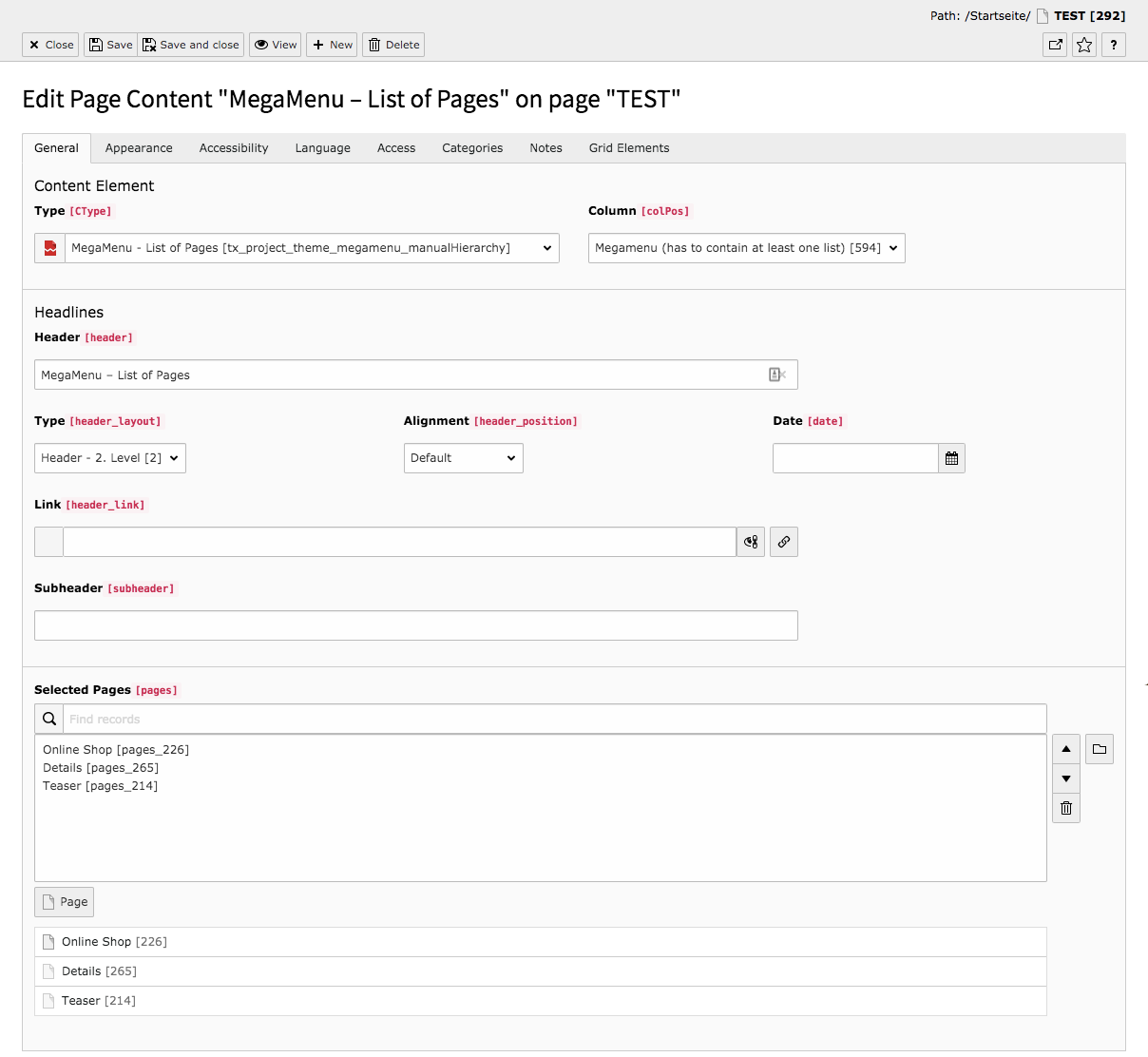 TYPO3 Content Elements MegaMenu List of Pages Backend Tab General