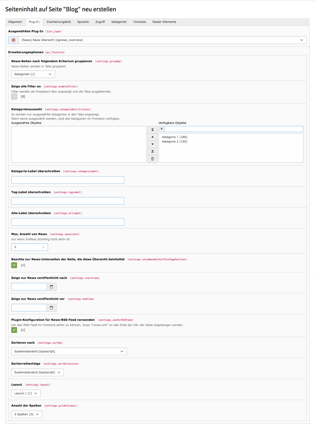 TYPO3 Inhaltselement News Übersicht Backend Reiter Plug-In