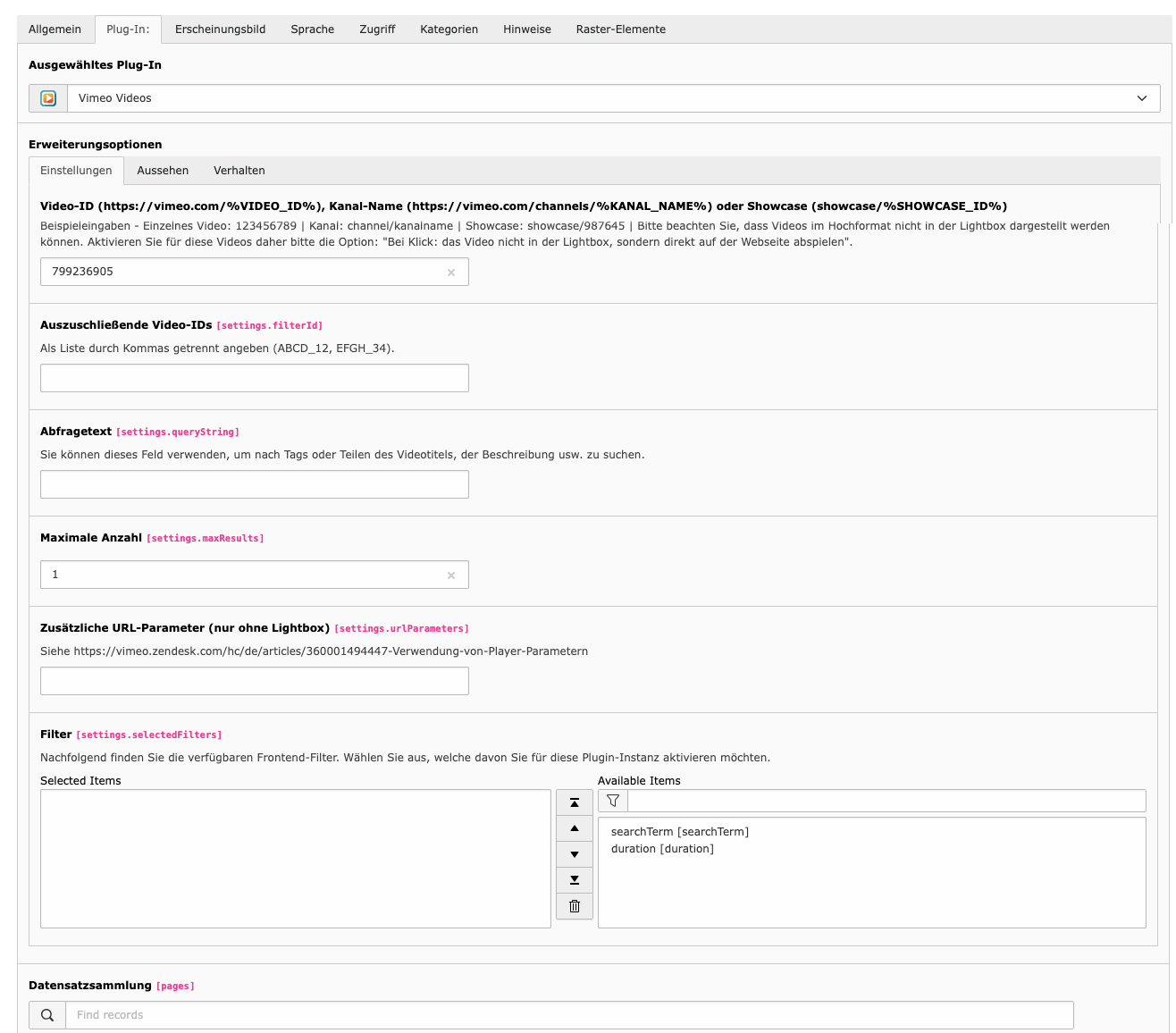 TYPO3 Inhaltselement Vimeo Plug-In Backend Reiter Plug-In: Einstellungen