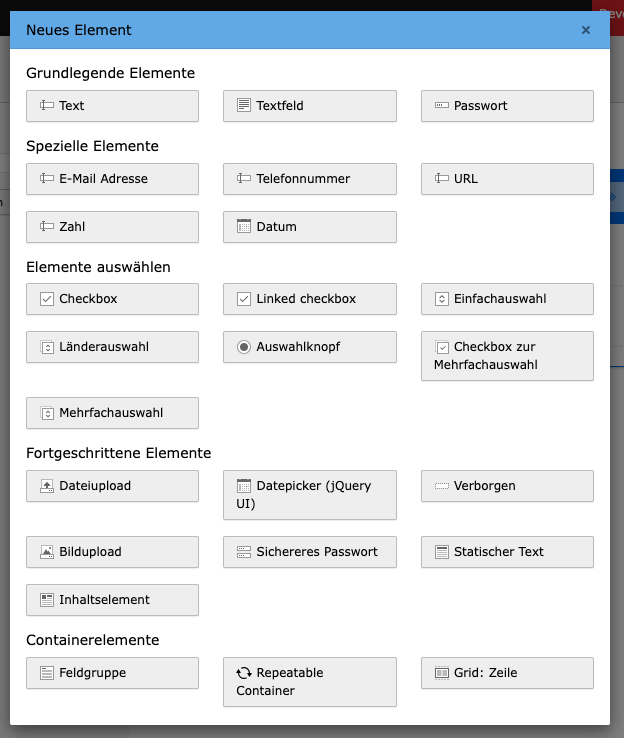 TYPO3 Backend Modul Formulare Alle Formular Elemente
