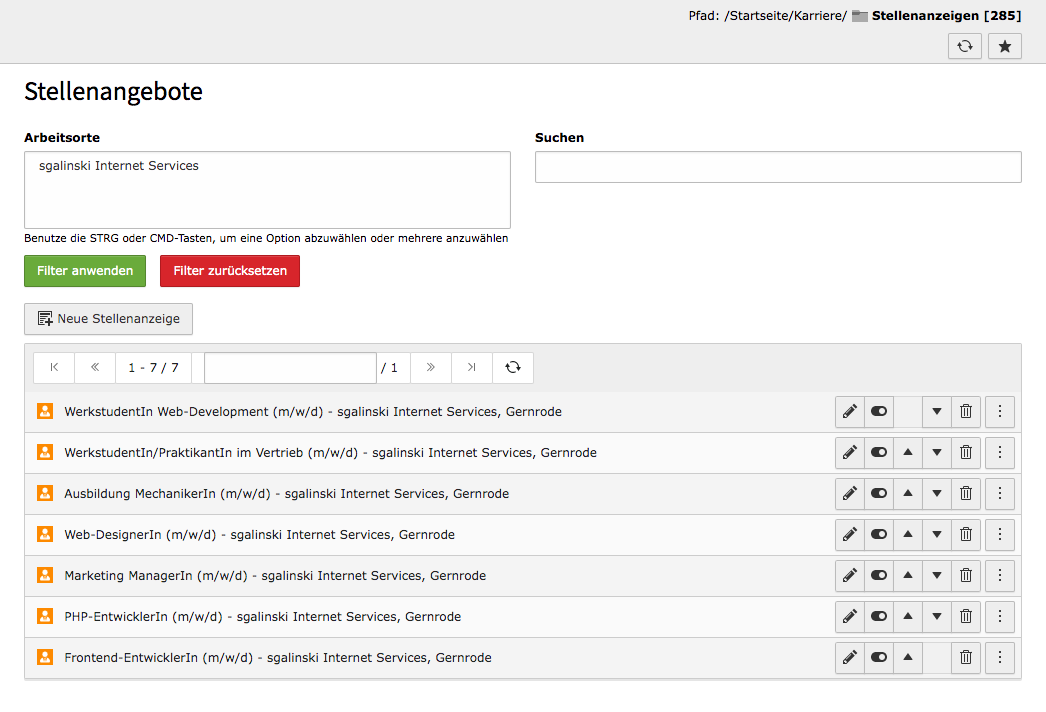 TYPO3 Modul Liste der Stellenangebote