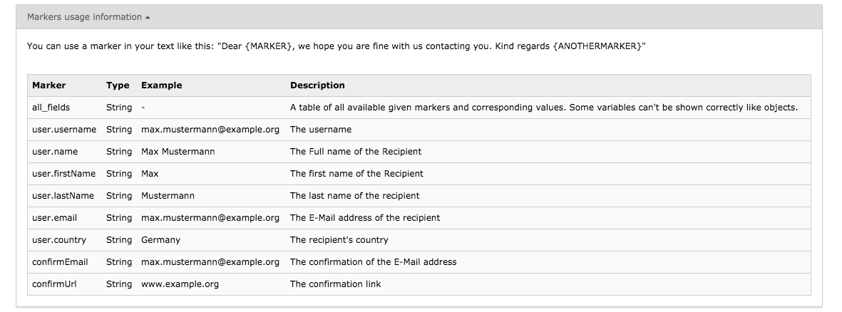 TYPO3 Module Mail Templates Marker Usage Information