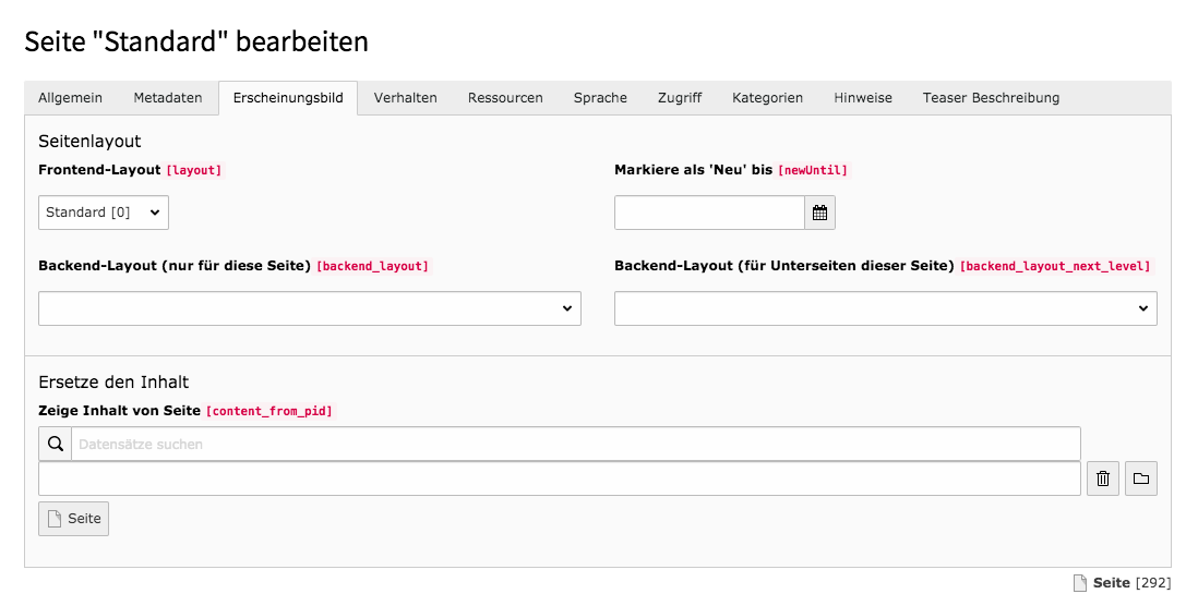 TYPO3 Seiteneigenschaften Reiter Erscheinungsbild