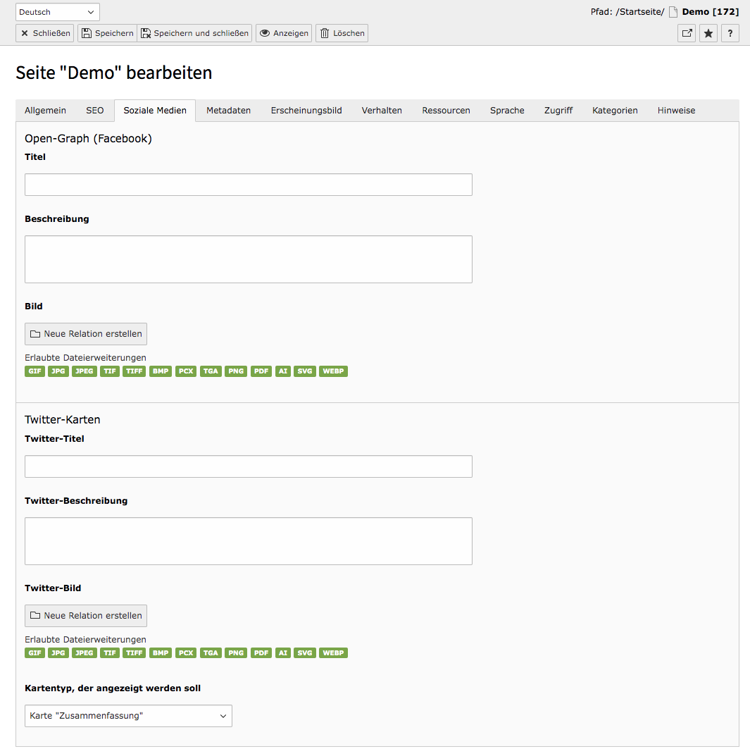TYPO3 Seiteneigenschaften Reiter Soziale Medien