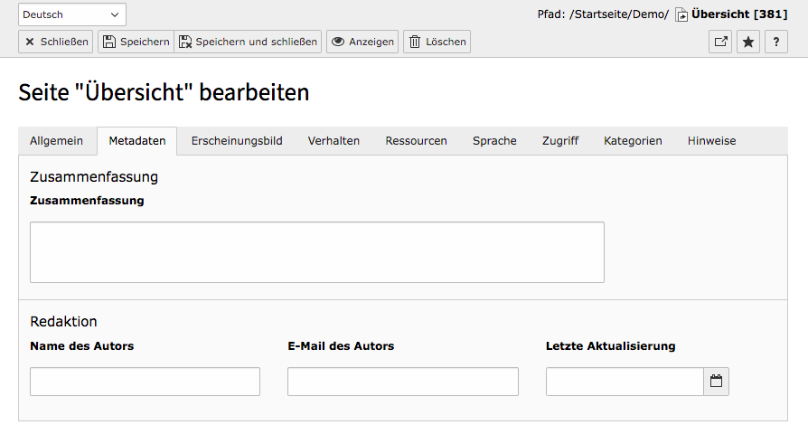 TYPO3 Seiteneigenschaften Verweis Seite Reiter Metadaten