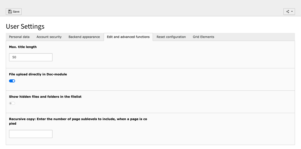 TYPO3 User Settings Tab Edit and advanced functions