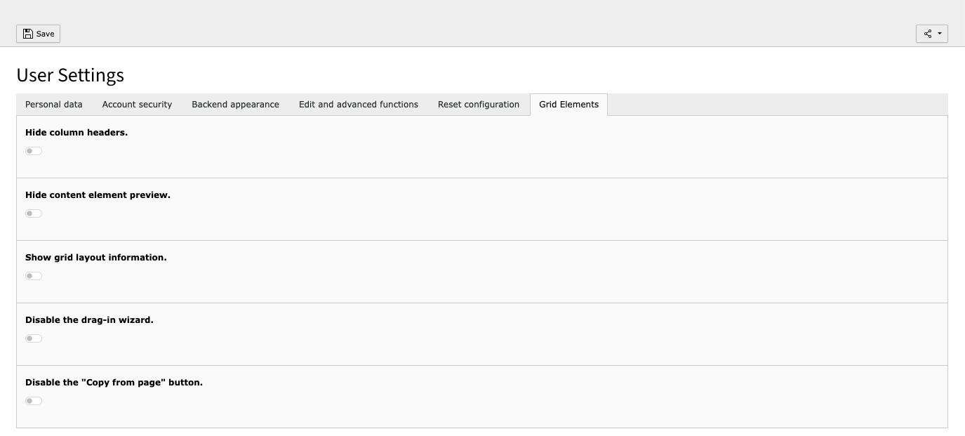 TYPO3 User Settings Tab Grid-Elements