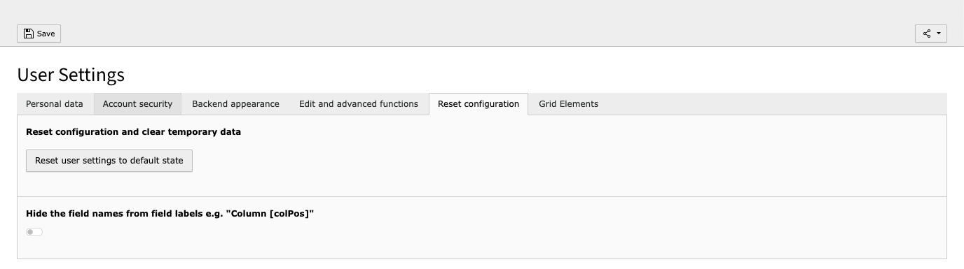 TYPO3 User settings: Reset configurations